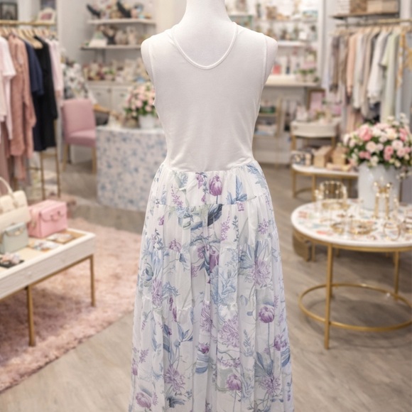 White Birch Floral Midi Dress Sleeveless Tie Waist Large Flowy Boutique NWOT - Picture 2 of 2